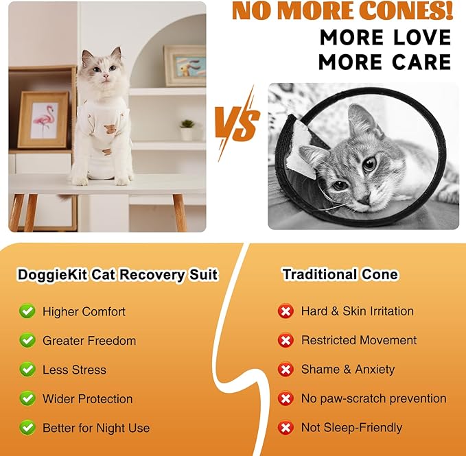 Cat Surgery Recovery Suit, Anti Licking Postoperative Onesie with Roll-Up Design, Soft Breathable Bodysuit Shirt for Female Spay Male Neuter Abdominal Wound Kitten E-Collar Cone Alternative