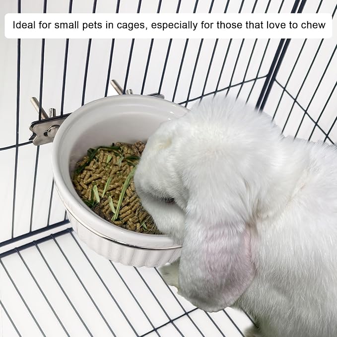Ceramic Hanging Pet Bowl Set for Cages - Adjustable Height, No-Tool Installation, Heavy Duty Food & Water Bowl for Rabbits, Guinea Pigs, Kittens, Small Pets
