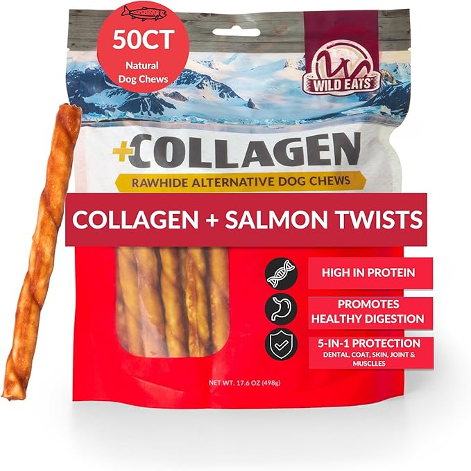 Wild Eats Salmon Flavor Collagen Twist Style Long Lasting Dog Chews (50 Pack, 1 cm Wide) No Hide, Dog Treat Bully Stick Alternative, Rawhide Free, Grain Free, High Protein