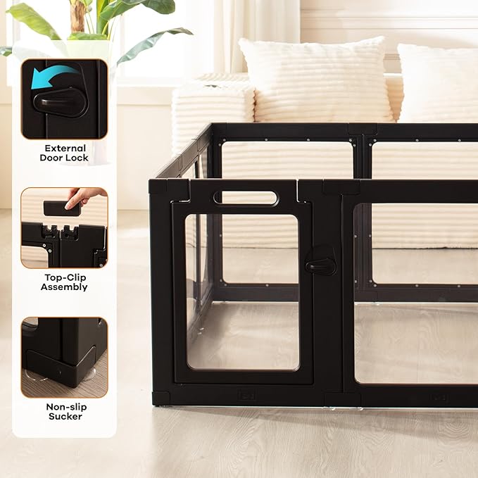 Clear Acrylic Dog Playpen Indoor, Puppy Cat Small Pet Play Pen, Pet Cat Playpen for Rabbits, Dog Fence Crate Kennel Whelping Cage (Black, 12 Panel)
