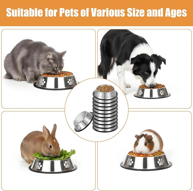 Kifmurase 12PCS Stainless Steel Dog Bowls, 7OZ Metal Feeding Bowl with Non-Slip Rubber Base, Pet Food and Water Dishes for Small Medium Animals Kitten Puppy Rabbit Cats