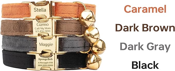 Personalized Colorful Velvet Cat Collar with Light Gold Buckle Engraved Name & Phone, Adjustable Size with Bell, Optional Bowtie, Leash and Airtag Holder for Cats & Kittens