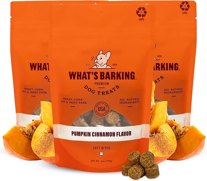 What's Barking Soft Bites, Soft Chewy Dog Treats for Training or Snacking, Pet Essentials, Bite Size Pieces for Dogs, Natural Ingredients, Made in USA, Resealable Bag (Pack of 3, Pumpkin Cinnamon)