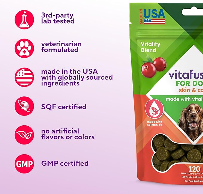 VitaFusion for Dogs Skin & Coat Supplement, Omega 3 Salmon Oil & Vitamin E – Supports Healthy Skin, Shiny Coat & Moisture Balance, Vet Formulated 120 Chews.