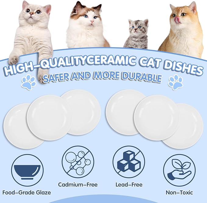 6 Pack Cat Food Bowl, Ceramic Cat Bowls, Anti Whisker Fatigue Cats Bowl Set,5.5 Inches Shallow Wide Kitten Plates for Food and Water (White-C)