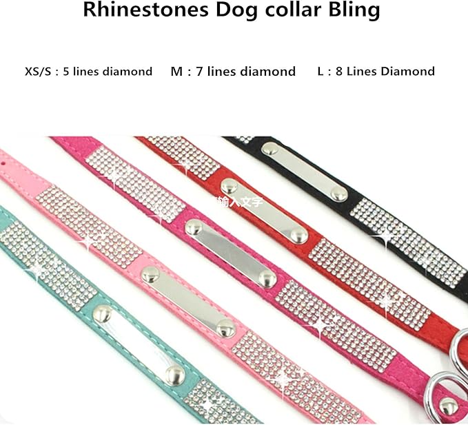 THAIN Rhinestones Personalized Dog Cat Collar Bling Diamond with Engraved Stainless Steel Nameplate for Small Medium Large Dogs (XS, Black)