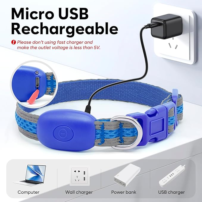 Flashseen LED Dog Collar, Light Up Dog Collar USB Rechargeable, Brightest Dog Lights for Night Walking, Adjustable Dog Collar Light for Dog Safety (Blue, X-Small)