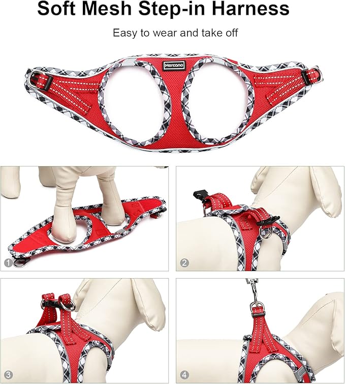 Mercano Soft Mesh Dog Harness and Leash Set, No-Chock Step-in Reflective Breathable Lightweight Easy Walk Vest Harnesses with Safety Buckle for Small Dogs, Cats (Red, XXS)