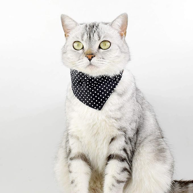 3PCS Bow Tie Dog Collar and Leash Set Plaid/Camo/Dots/Flower Dog Bandanas with Bell 3 Size Adjustable for Small Dogs Puppies and Cats (XS, Black Dots)