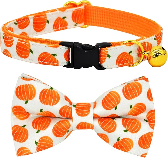 Cat Collar Bow Set, Halloween Orange Pumpkin, Wedding/Birthday Breakaway Collar Bowtie for Kitten/Cat