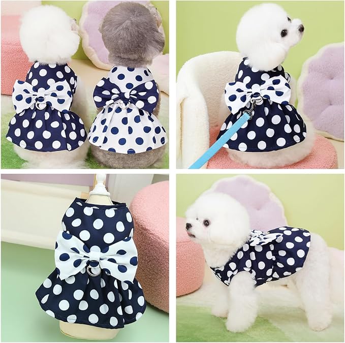 Cute Polka Dots Cat Small Dog Dress with Bow Tie Summer Clothes with D-Ring on The Back for Puppy Cat(Navy with White Dots, Large)