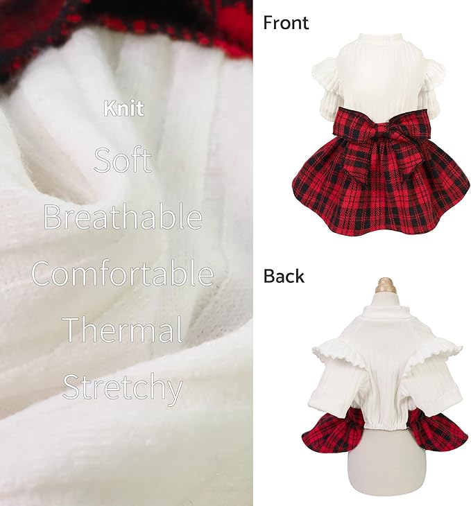 Fitwarm Knitted Plaid Sweater Dress, Christmas Outfit, Winter Clothes for Small Dogs & Cats, White & Red, XS