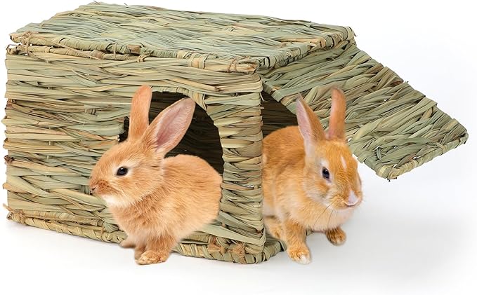 BWOGUE Large Bunny Grass House Natural Seagrass Bed Hideaway Toy Rabbit Hideout Hay Mat Chew Toys Guinea Pig Comfortable Hut for Bunny Hamster Chinchilla Small Animals