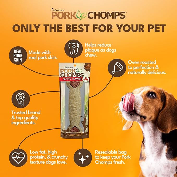 Pork Chomps Dog Chew, 7-inch Crunchy Bone, Bacon Flavor, 1 Count