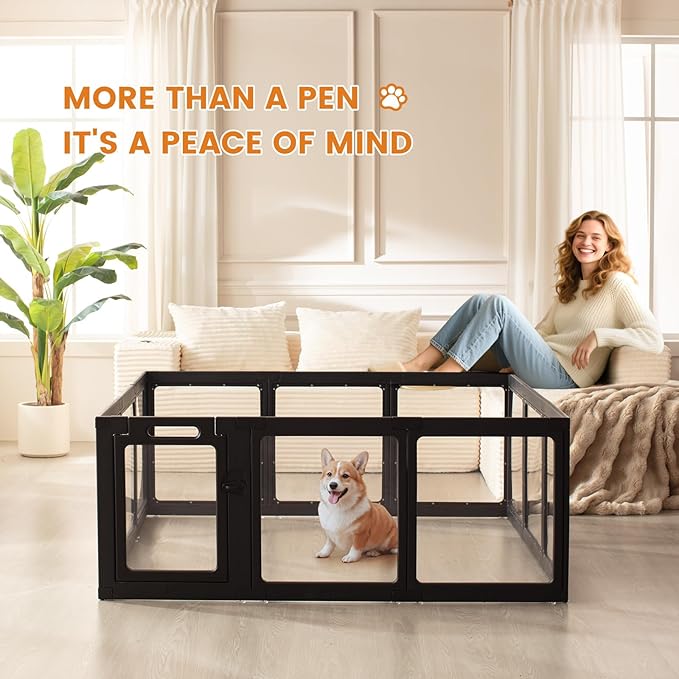 Clear Acrylic Dog Playpen Indoor, Puppy Cat Small Pet Play Pen, Pet Cat Playpen for Rabbits, Dog Fence Crate Kennel Whelping Cage (Black, 12 Panel)
