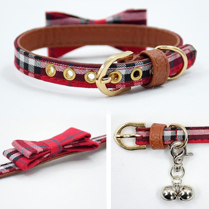 3PCS Bow Tie Dog Collar and Leash Set Plaid/Camo/Dots/Flower Dog Bandanas with Bell 3 Size Adjustable for Small Dogs Puppies and Cats (XS, Red Plaid 2)