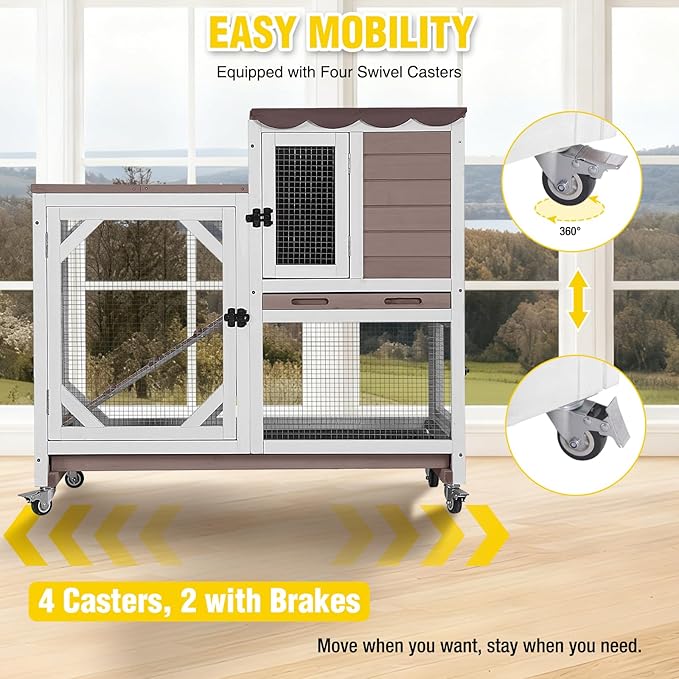 Aivituvin 39.3" Large 2-Story Rabbit Hutch, Indoor Outdoor Bunny Cage with Chew-Proof Ramp, Leak-Proof & Easy-to-Clean Tray, Lockable Wheels, for Rabbits & Guinea Pigs
