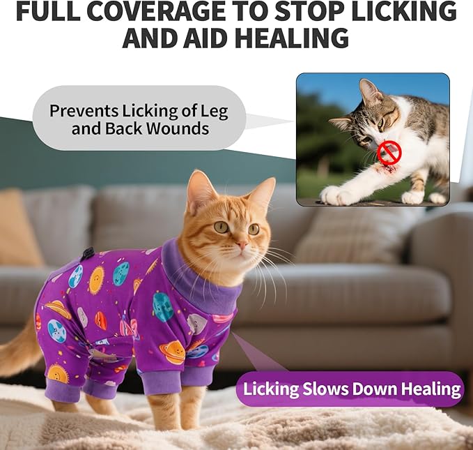 Sticky Hair Cat Clothes, Anti-Shedding Cat Pajamas, Post-Surgery Recovery Onesie, Soft Breathable, Prevents Licking & Scratching Wounds, Warm Cats Sweater, Sphynx Cats Clothing- Purple XL