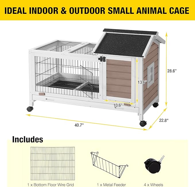 Aivituvin Rabbit Hutch Indoor Bunny Cage Outdoor Bunny House with Wire Floor Leakproof Plastic Tray, Brown