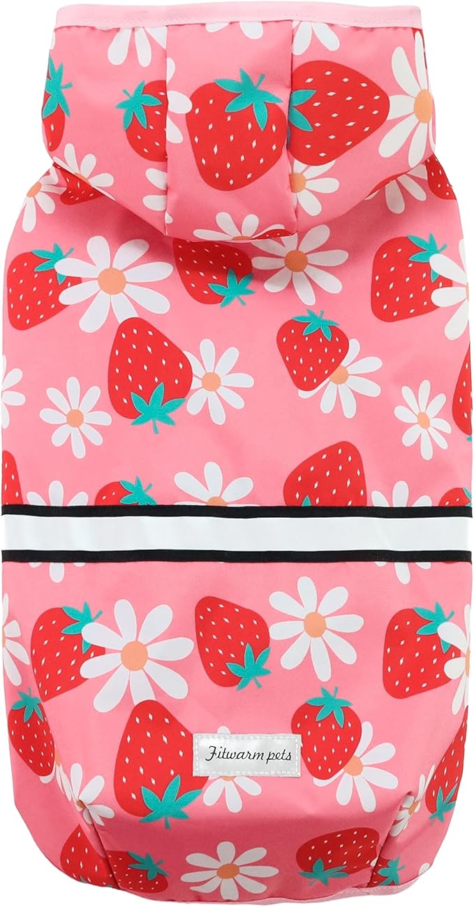 Fitwarm Strawberry Daisy Dog Raincoat with Hood, Waterproof Rain Jacket for Small Dogs Girl, Reflective Pet Poncho with Harness Opening, Packable, Adjustable, Pink, XXL