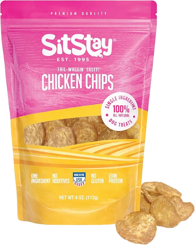 sitstay Chicken Chips Dog Treats, Single Ingredient Dog Treat, High Protein, Low Fat, Grain Free Chicken Chips for Dogs for Training, Rewards and Sensitive Stomachs - Made in USA - 4 oz