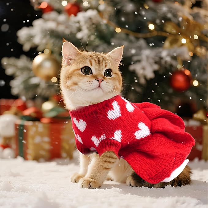 Dog Sweaters Heart Knitted Sweaters Dress Winter Coat Puppy Warm Holiday Clothes for Small Dogs Cats Christmas New Year Valentine's Day (Red, X-Large)
