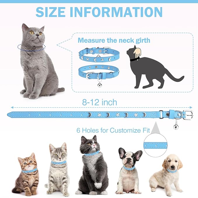 Leather Cat Collars for Boy Girl Cats with Bell and Safety Elastic Belt, Personalized Star and Moon Stud Adjustable Safe Buckle Collar for Kitty Small Big Cats Size 8-12 Inch, Light Blue