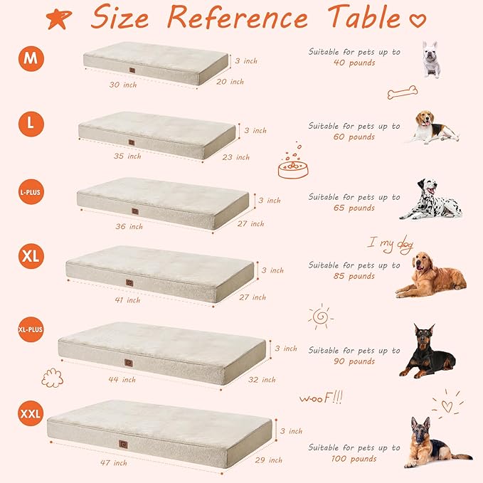 EHEYCIGA Waterproof Dog Bed Memory Foam 41x27, Orthopedic Dog Beds Mat for Extra Large Dogs with Removable Cover, Beige
