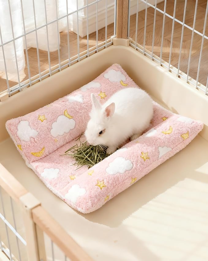 24x16 in Rabbit Bed Large Size - Warm & Comfortable Plush Rabbit Mat Pad with Star Pattern, Double-Sided Flannel Pet Pad Cozy Fleece Bedding for Bunnies, Guinea Pigs, Small Animals, Pink