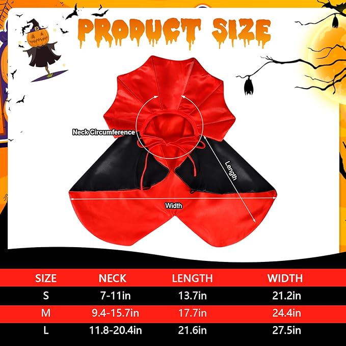 QKURT Cat Vampire Cloak-Pet Halloween Costumes, Dogs Cats Cape, Pet Cosplay Vampire Cloak & Accessories Costume Outfit for Halloween Party(Red,S)