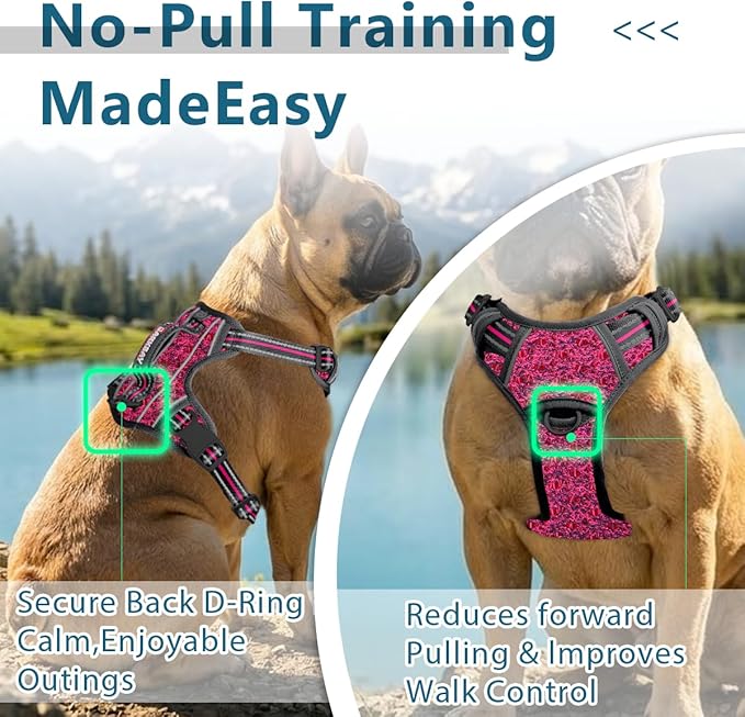 BARKBAY Dog Harness No Pull with ID Tag Pocket - Heavy Duty, Reflective, Easy Control for Large Dogs(Pink/Black,L)