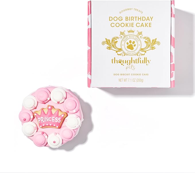 Thoughtfully Pets, Pink Princess Dog Birthday Gourmet Mini Cookie Cake, Peanut Butter Flavored, Hand Decorated Hollow Biscuit Cake for Any Breed