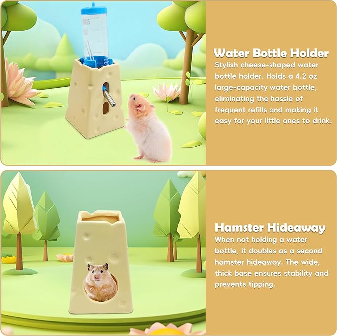 PINVNBY 4PCS Hamster Hideout Set Ceramic Cheese Shape Hamster Food Bowl Water Bottle Holder & 125ML Water Bottle Hamsters House for Dwarf Robo Campbell Gerbil and Other Small Animals