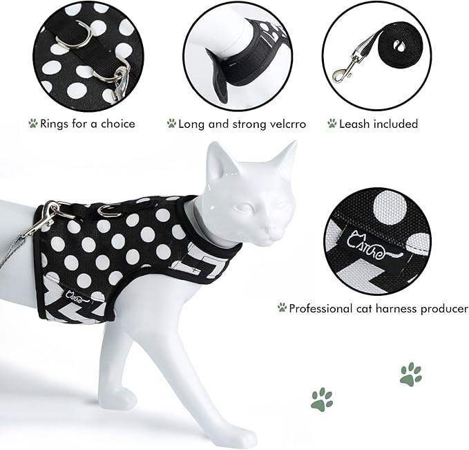 Cat Harness and Leash for Walking Escape Proof, Adjustable Cat Vest Harness, Padded Stylish Cat Walking Jackets, Polka Dot Black, Extra Large