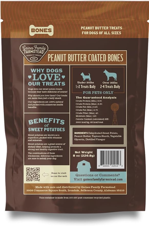 Gaines Family Farmstead Peanut Butter Coated Sweet Potato Dog Bones, 4 pack - 40 oz Bags, Grain-Free, Chewy, Natural Dog Treats for Digestion, Skin, Energy & Immunity – Limited Ingredient, Made in USA