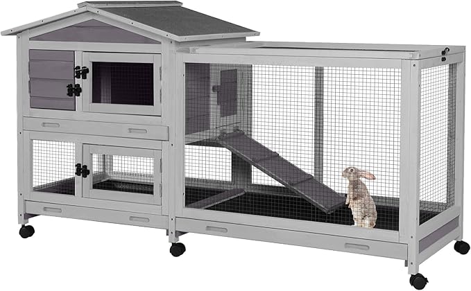 Large Rabbit Hutch Indoor Outdoor, Wooden Rabbit Cage with Wheels, 62'' Mobile Bunny Cage with Chew-Proof Ramp, Pull-Out Tray, Waterproof Roof, Guinea Pig Habitat (Grey)