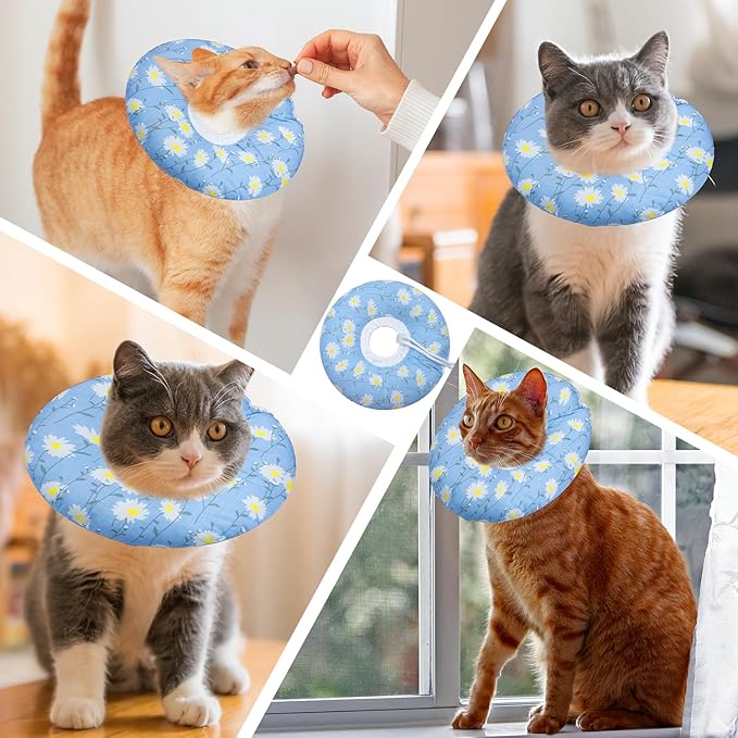 Seyezo Cat Cone Collar Soft, Adjustable Cat Recovery Collars Kitten Cones to Stop Licking, Cute Donut E Collar After Surgery, Wound Healing Elizabethan Collar for Kitten(Blue Daisy, Large)