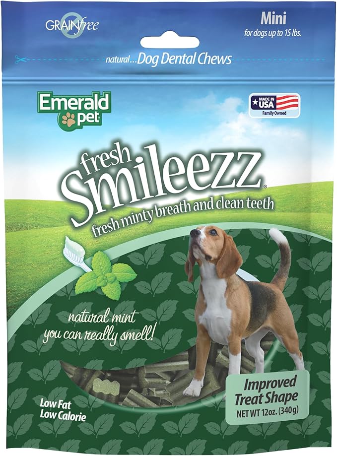Emerald Pet Fresh Smileezz Grain Free Dog Dental Treats — Minty Fresh Breath and Clean Teeth for Puppies and Small Dog Breeds — Made in USA Mini, 12 Oz