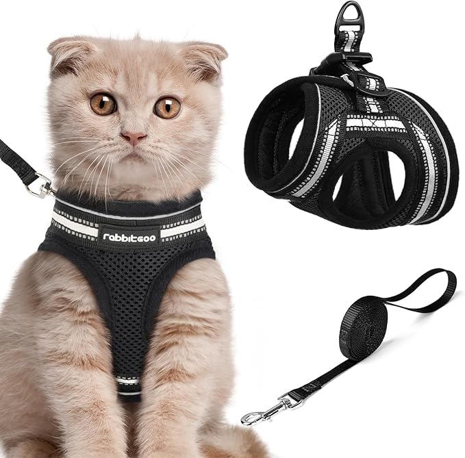 rabbitgoo Cat Harness and Leash Set for Walking Escape Proof, Adjustable Soft Kittens Vest with Reflective Strip for Cats, Comfortable Outdoor Vest, Black, L