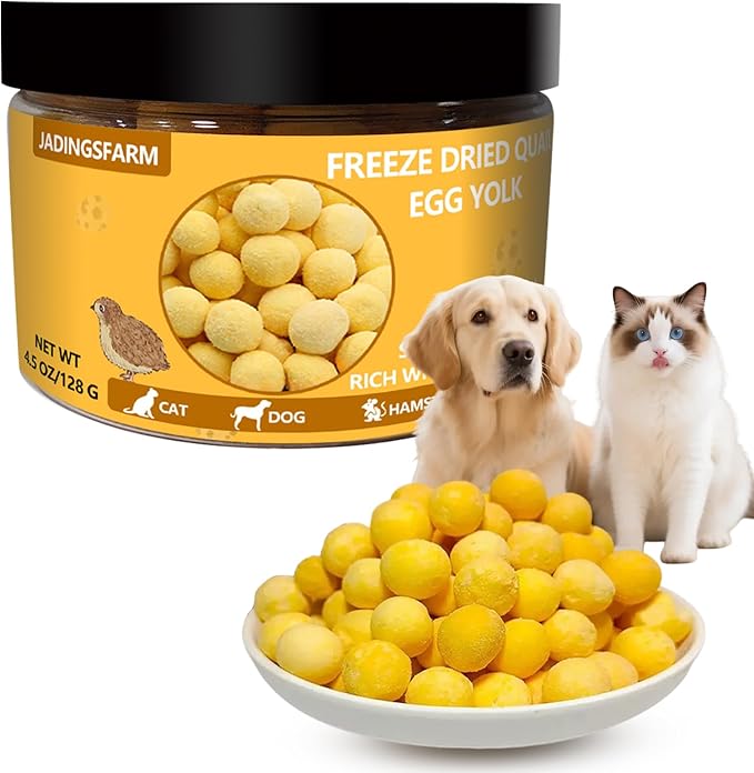 Freeze Dried Quail Egg Yolk Dog Cat Treats, Single Ingredient Raw Snacks, High Protein, Supports Skin & Coat Health, Freeze Dried Dog Treats, No Additives, Grain & Gluten Free – 4.5oz