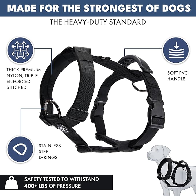 Spark Paws No Pull Dog Harness with Handle for Large Dogs, Heavy Duty Dog Harness for Big Strong Breeds, Adjustable, Y Shaped Padded Halter Design with Front Clip - Black - L