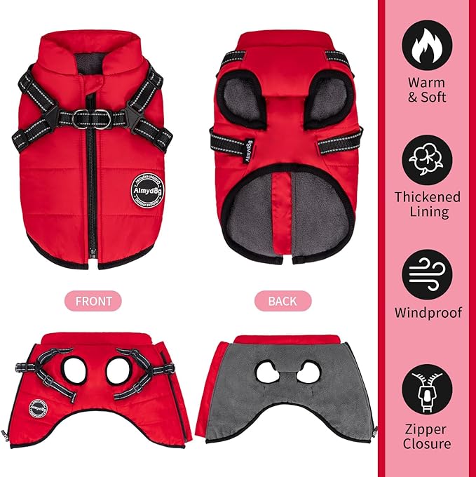 Warm Dog Winter Coat, Fashion Sports Dog Cold Weather Jacket with Built-in Harness, Reflective & Adjustable Comfortable Pet Vest, Windproof Apparel for Small Medium Large Dogs (Red)