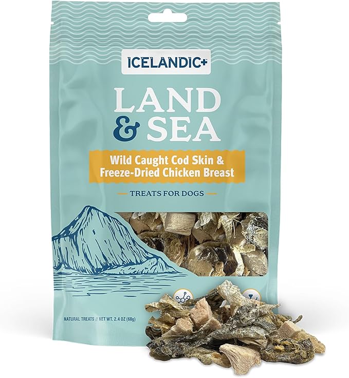 Icelandic+ Land & Sea Wild Caught Cod Skin & Freeze-Dried Chicken Breast - 2.4oz Bag, Dog Treat & Food Topper, 2 Ingredient, No Preservatives, Natural