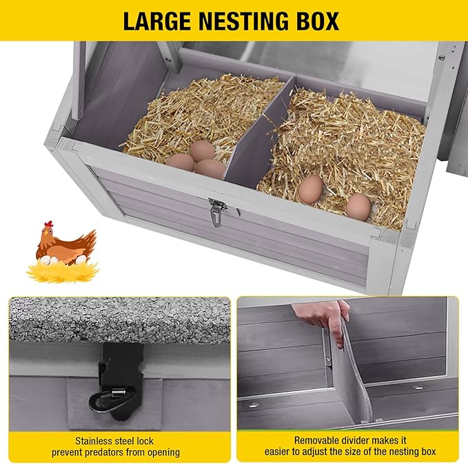 Large Chicken Coop, Wooden Chicken Coops with Nesting Boxes and Removable Tray, Waterproof Hen House with Asphalt Roof, Poultry Cage for Outdoor Backyard, Unique Folding Design