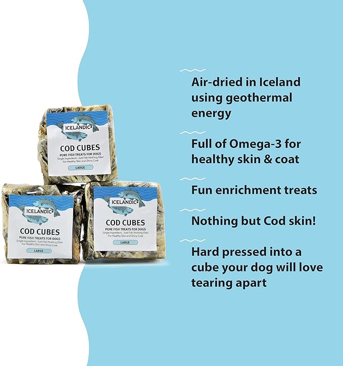 Icelandic+ Cod Cube - Large 2" Cod Skin Dog Treat, Pure Wild- Caught Air-Dried Fish, Single Ingredient Snack, Pet Chew, Just The Fish Nothing Else