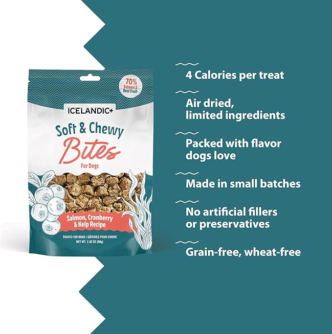 Icelandic+ Soft & Chewy Bites - Salmon, Cranberry & Kelp - 2.8oz Dog Treats, 70% Meat & Fruit, Air-Dried, Limited Ingredients, Pet Snack, Grain Free