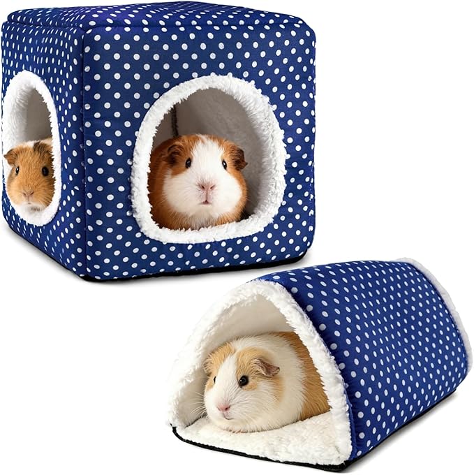 Guinea Pig Hideout, Dwarf Rabbit Bed with Play Tunnel, Washable Fleece House for Dwarf Bunnies, Chinchillas, Hedgehogs, Small Animal Cage Accessories Blue Dot