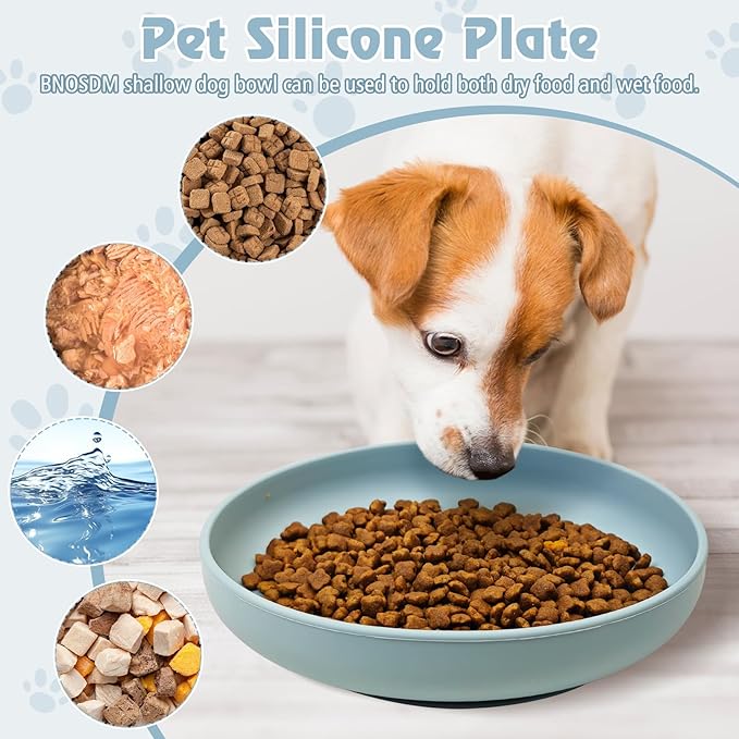 BNOSDM Silicone Dog Bowl Non-Slip Cat Food Plate 2 Pcs Flat Dog Bowls with Suction Cup Shallow Puppy Food and Water Dish for Small and Medium Pets (Gray-Blue)