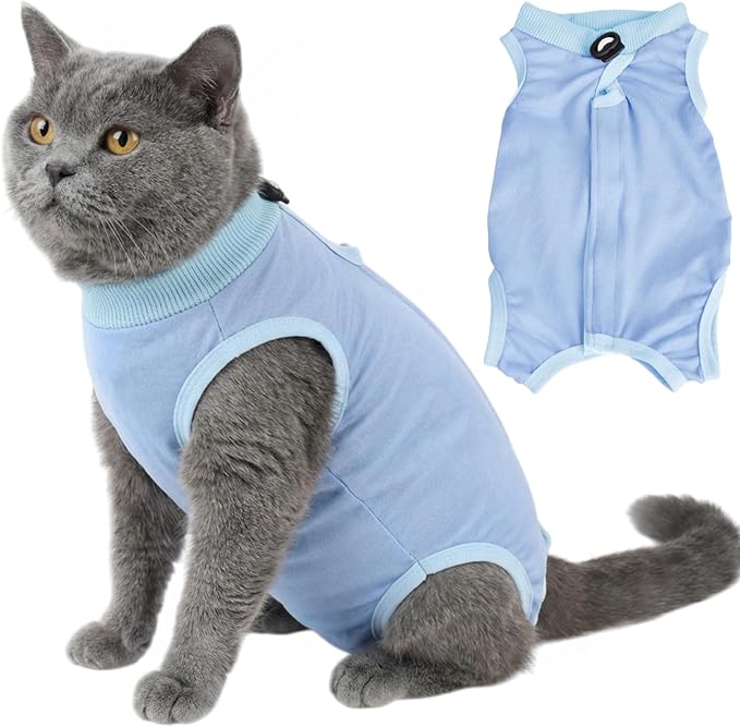 Cat Surgery Recovery Suit Female Medium, Kitten Onesie Bodysuit for Cat After Surgery, Cone of Shame Alternative Suit for Cat Anti Licking Spay Abdominal Wounds Skin Diseases Protection (Blue, M)