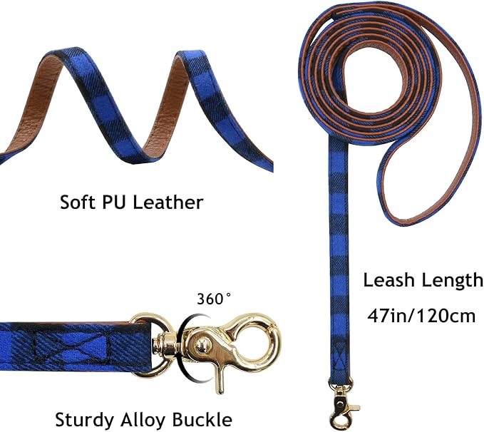 3PCS Bow Tie Dog Collar and Leash Set Plaid/Camo/Dots/Flower Dog Bandanas with Bell 3 Size Adjustable for Small Dogs Puppies and Cats (XS, Blue Plaid 1)